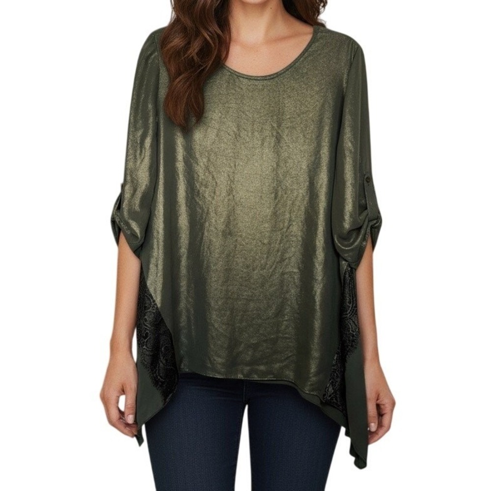 Chicos Olive Green & Gold Shimmer short sleee tunic with assymetrical hem Medium